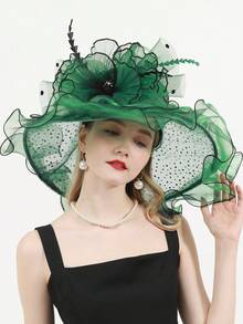 HIMESPORT 綠點紋綢緞貴族小禮帽茶會雞尾酒丸子帽,適用於女性花朵肯塔基德比帽寬邊羽毛花縫邊費多拉帽 - 綠色 - 查看 5