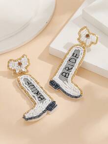 1對手工串珠靴子造型耳環,帶蝴蝶結細節 - 黑與白 - 查看 4