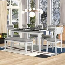 Classic and Traditional Style 6 - Piece Dining Set, Includes Dining Table, 4 Upholstered Chairs & Bench (Natural Wood Wash)