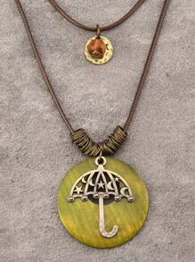 1 件女士复古多层项链，带五角星、月亮和雨伞饰物 - 綠色 - 查看 1