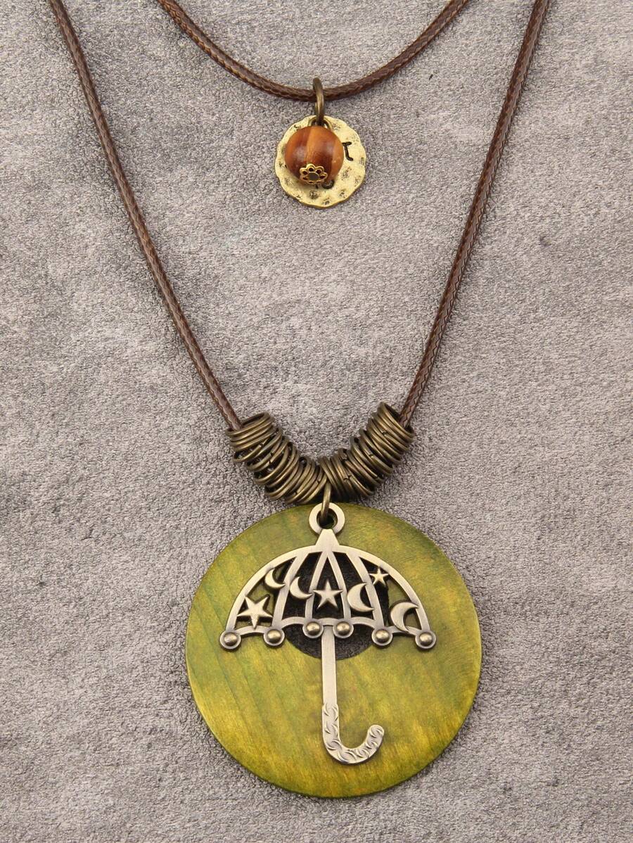 1 件女士复古多层项链，带五角星、月亮和雨伞饰物 - 綠色 - 查看 1