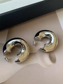 欧美风金属镂空C型圆形耳环高端简约不对称光面铜镀金耳饰 - 銀色 - 查看 12