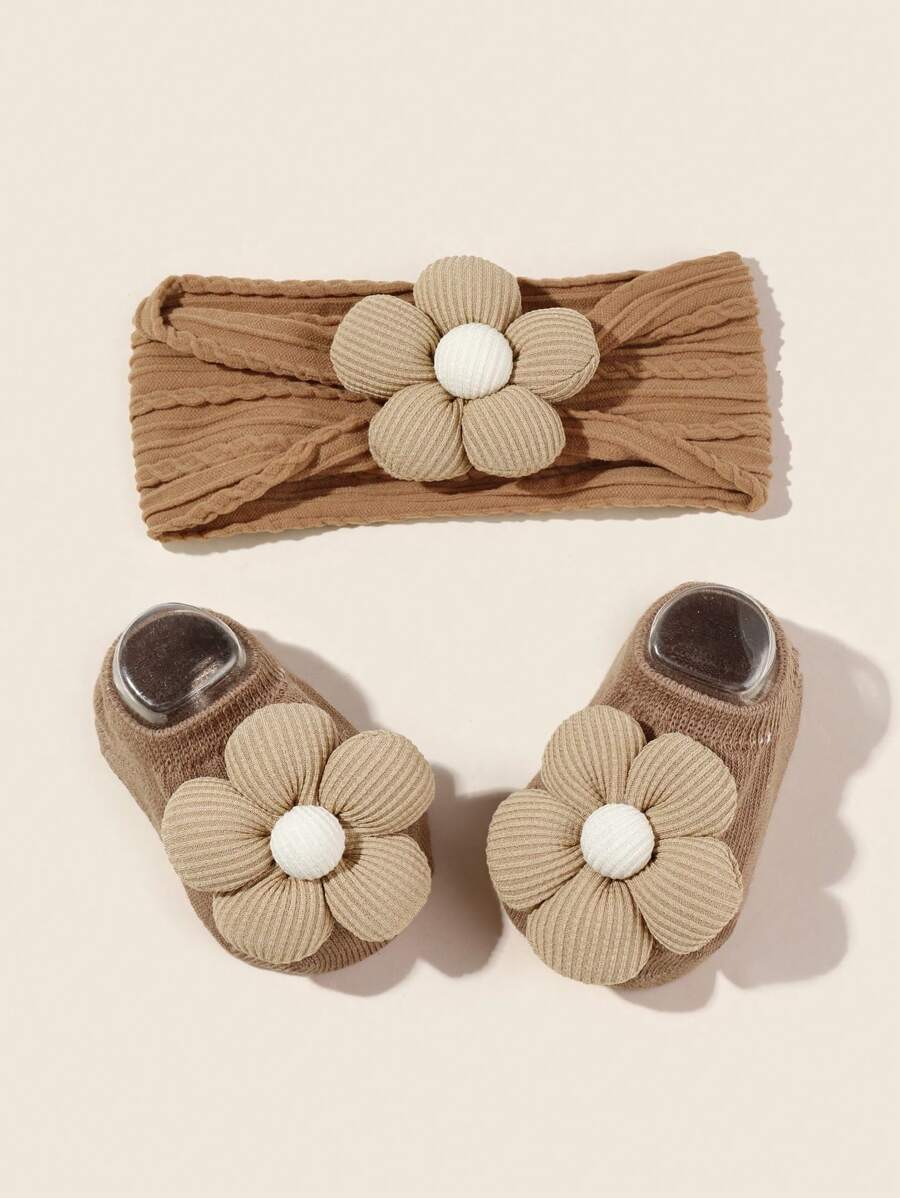 1 Set Infant Flower Decor Elastic Nylon Headband And Socks - Brown - View 1