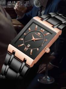 VA VA VOOM 1 Peça Relógio Masculino Moda, Mostrador Quadrado, Pulseira de Aço Inoxidável 41mm, Estilo de Negócios de Luxo, Presente Masculino, Mecanismo de Quartzo Original, Dourado, Rose Gold e Preto, Relógio Esportivo e de Trabalho para Uso Externo
