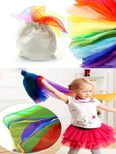 6pcs Solid Colored Square Dance Silk Scarves With Bag, Educational Dance Props For Children, Christmas & Halloween Gift, For Halloween Party