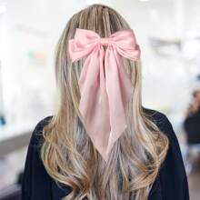 2 Piezas Grandes Horquillas Con Lazo Rosa De Cinta Para Niñas, Lazos De Pelo Elásticos Con Cola Larga Rosa Caliente Para Fiestas De Vacaciones Y Uso Diario - Multicolor - Ver 3