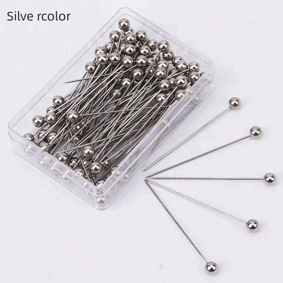 100pcs Colored Stainless Steel Garment Sewing Pins With Pearl Head, 3d Cutting, Handcraft Positioning, Secure Fastening, Packed In Box - Silver - View 1