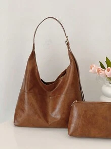 Túi Tote Đeo Vai Thời Trang Mùa Thu Đông Cao Cấp Màu Trơn Phong Cách Tối Giản Bằng Da Mềm Hàn Quốc Dung Tích Lớn Túi Tote Đeo Vai Hông Túi Mẹ - màu nâu - Xem 2