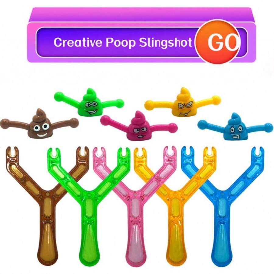 Outdoor Game Slingshot Set, 1 Slingshot Launcher And 5 Poo Emoji Soft Bullets, Mini Slingshot Random Color - Multicolor - View 1