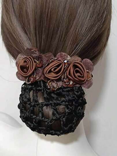 1 件女士雪纺优雅三玫瑰发网发夹专业头饰情人节爪夹发夹发夹，学校用品