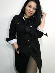 Fully Plush Trench Style Long Denim Jacket With Belt And Pockets - Black - View 11