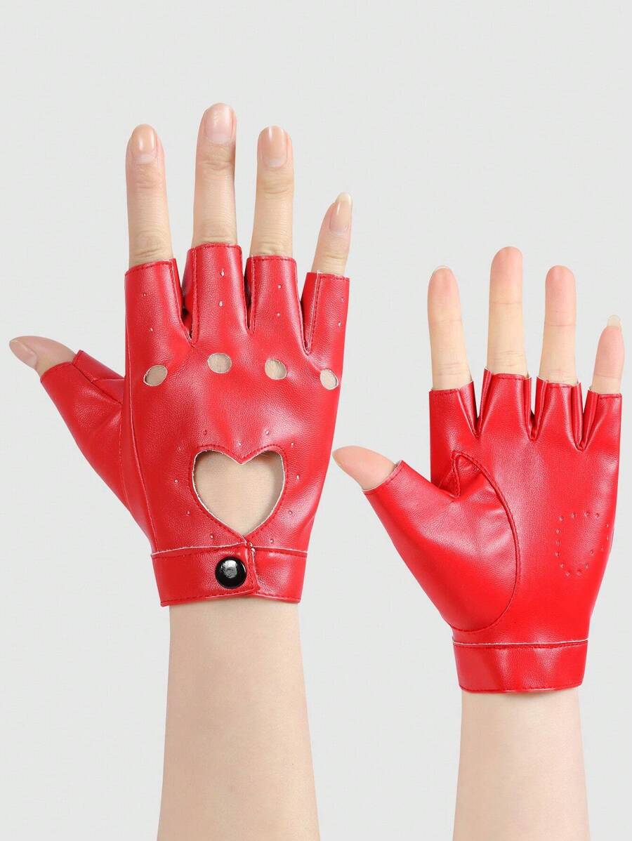 1 đôi Nửa Ngón tay Găng tay Đối với phụ nữ , Đúng mốt Đường phố Nhảy Hip-hop Hiệu suất Găng tay Với Đáng yêu Tim & Hình hoa - Màu Đỏ Sâu - Xem 1