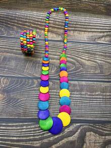 Wooden Bohemian Style Necklace & Bracelet Set - Multicolor - View 4