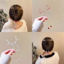 鹿角球髮夾,高馬尾辮,優雅流蘇髮夾,髮髻髮型,聖誕頭飾