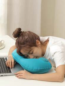 1個充氣旅行枕頭,按鈕充氣,u型頸枕,適用於戶外旅行,便攜折疊 - 藍色 - 查看 2