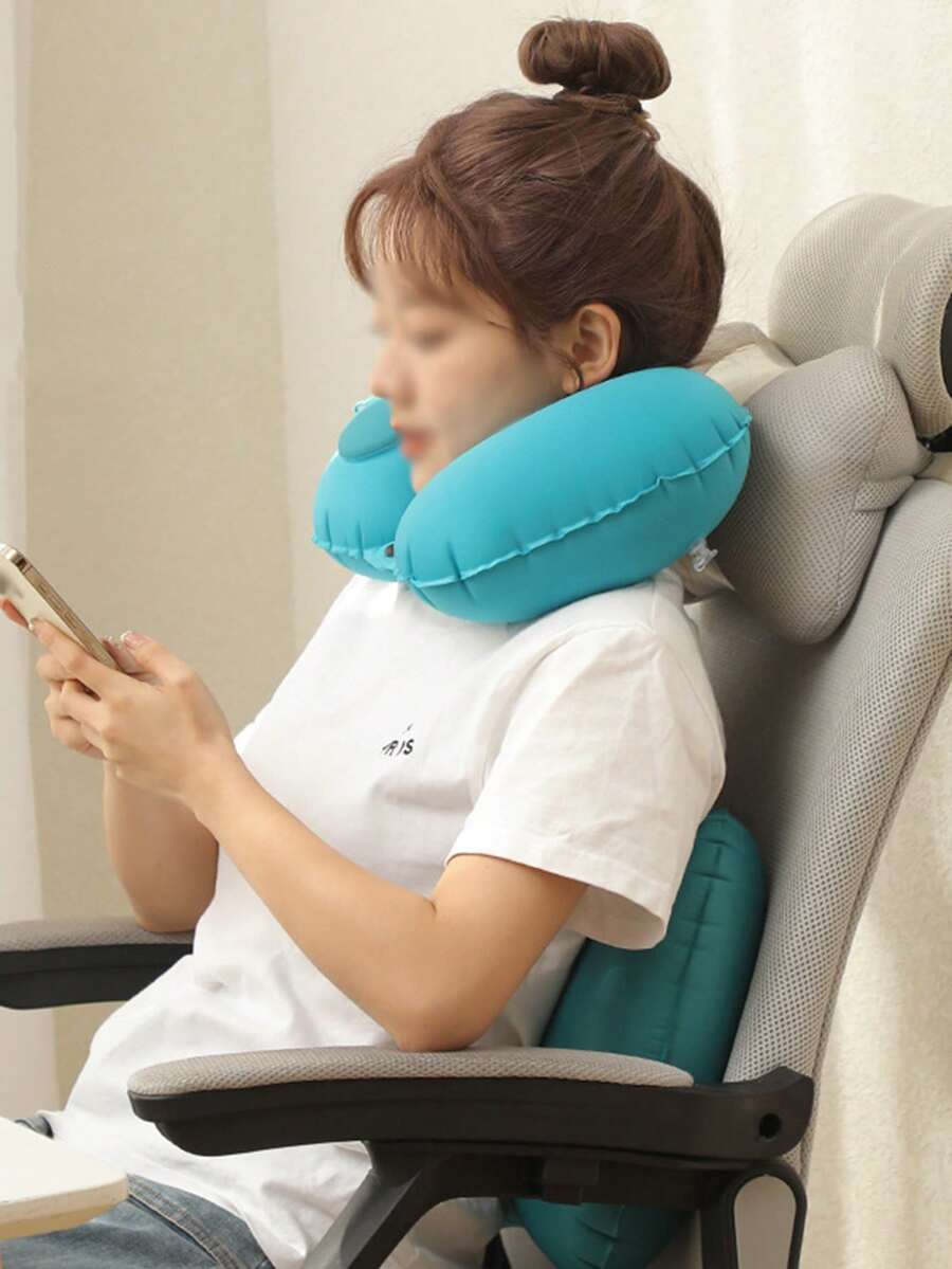 1個充氣旅行枕頭,按鈕充氣,u型頸枕,適用於戶外旅行,便攜折疊 - 藍色 - 查看 1