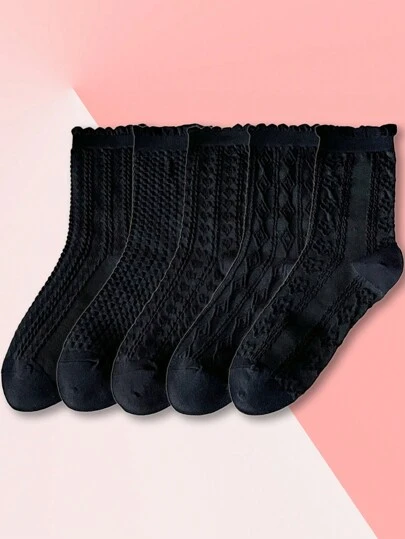 5 双女士纯黑白色长筒蕾丝透气网眼绒袜，甜美女孩学院风 JK 百搭中筒袜，秋季