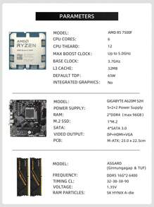 Amd R5 7500f 和 Gigabyte A620m S2h 主板和 Asgard Tuf Ddr5 16gb*2 6400mhz 内存套装；6 核 12 线程；4 个 Sata 3.0、1 个 M.2 Pcie 4.0；DP+ - 黑色 - 查看 2