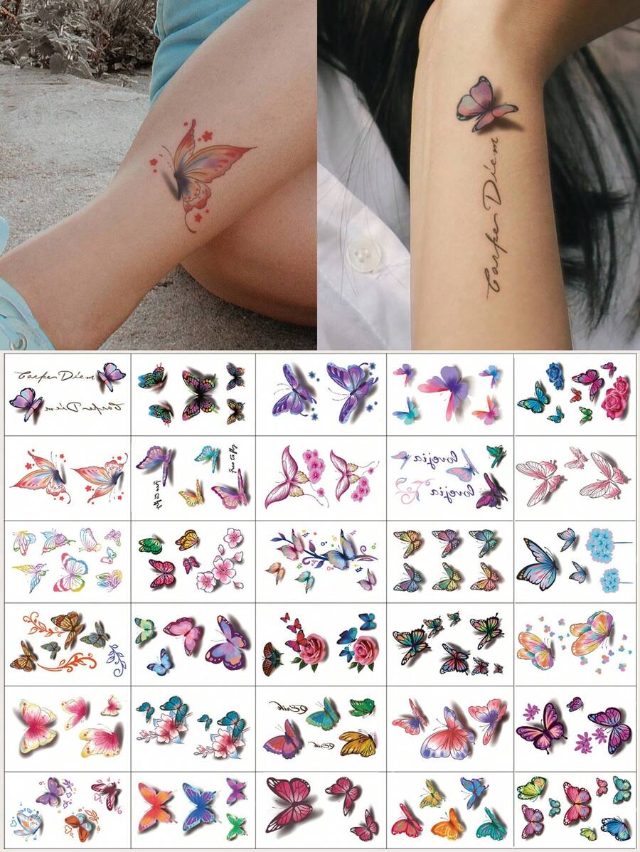 30sheets Multicolor Cartoon Flowers & Animals Design Combination Waterproof Temporary Tattoo Stickers For Shoulder, Neck, Collarbone, Hand - Multicolor - View 1