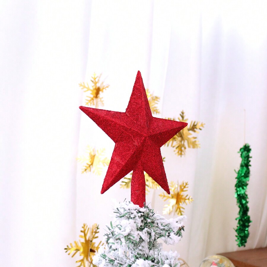 1pc Christmas Tree Topper Decoration, Large Red Glittery Pentagram Star