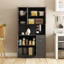 QQD 71" Pantry Cabinets With Hutch Tall Kitchen Pantry Storage Cabinet Sideboard Buffet Cabinet With 6 Doors, Large Countertop, Adjustable Shelf, Kitchen Dining Room Sideboard