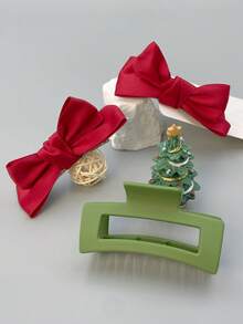 3入組女性髮飾組合:蝴蝶結髮夾+方形夾子,聖誕/紅色和綠色飾品