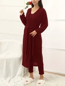 休閒運動家居服三件套,帶背心肋編織 - 酒紅色 - 查看 5
