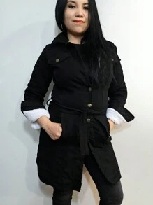 Fully Plush Trench Style Long Denim Jacket With Belt And Pockets - Black - View 6