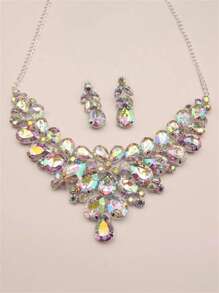 Fashionable Ab Rhinestone Waterdrop Shape Necklace And Earrings Set - AB color water drop shape - View 9