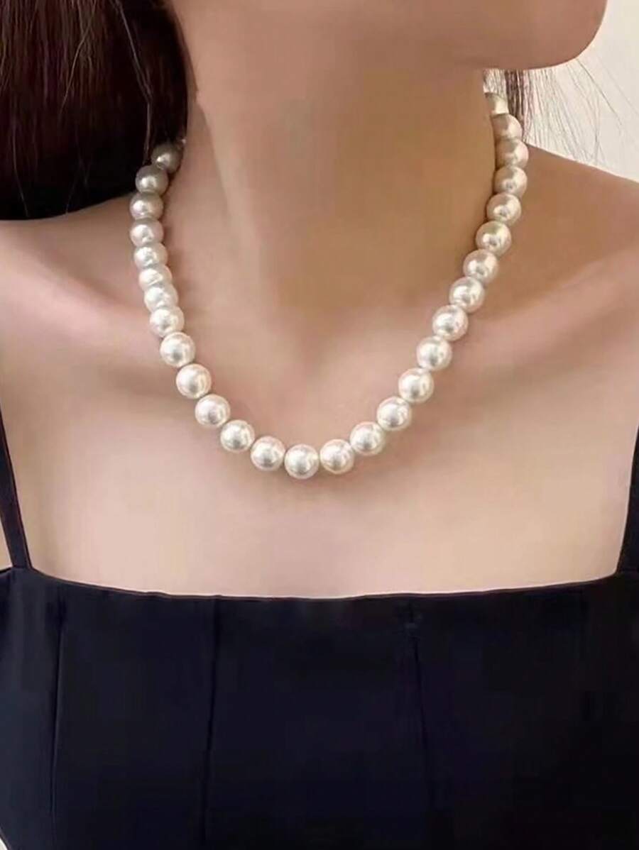 法式復古簡約彈性珍珠項鍊 女孩串珠項鍊手鍊 高質感項鍊 - 米色 - 查看 1