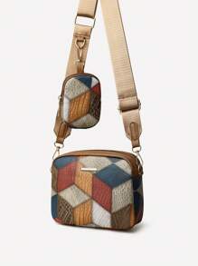 Geometric Pattern & Colorblock Design Decorated Crossbody Bag With Hardware Details And Small Purse, Suitable For Daily Use Of Women