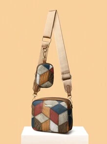 Geometric Pattern & Colorblock Design Decorated Crossbody Bag With Hardware Details And Small Purse, Suitable For Daily Use Of Women