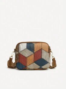 Geometric Pattern & Colorblock Design Decorated Crossbody Bag With Hardware Details And Small Purse, Suitable For Daily Use Of Women