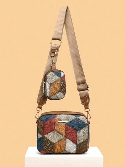 幾何圖案拼色設計裝飾斜背包,配有五金細節和小錢包,適合女性日常使用