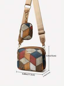 Geometric Pattern & Colorblock Design Decorated Crossbody Bag With Hardware Details And Small Purse, Suitable For Daily Use Of Women