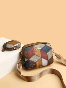 Geometric Pattern & Colorblock Design Decorated Crossbody Bag With Hardware Details And Small Purse, Suitable For Daily Use Of Women