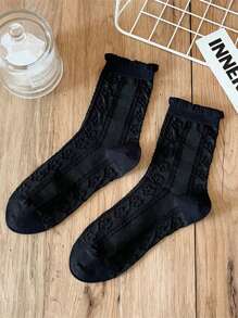 5 双女士纯黑白色长筒蕾丝透气网眼绒袜，甜美女孩学院风 JK 百搭中筒袜，秋季 - 黑色 - 查看 9