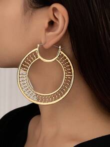 1pair Fashionable Geometric Square & Circle Design European & American Punk Retro Style Party Earrings With Long Hoops - big circle silver - View 6