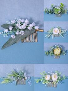 1 件女士森系绿色花朵和叶子装饰手工发梳，适合春季盘发、新娘头饰、花童配饰