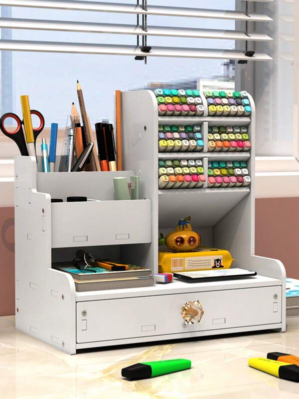 1pc Desk DIY Pen Holder Storage Box, Multi-Functional Office Supply Stationery Organizer Box, Large Capacity Wooden Plastic Pen Stand