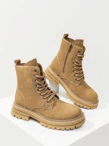 Alan Vincent 2020年秋冬女款高筒戶外徒步靴,帶有鞋帶和拉鍊,卡其色,防滑且耐用的橡膠底,厚實舒適,適合學生 - 黃色 - 查看 1