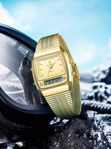 Liebig1pc Fashionable Men's Dual Display Multifunctional Waterproof Steel Light Luxury Casual Daily Wear Wristwatch - Gold - View 7