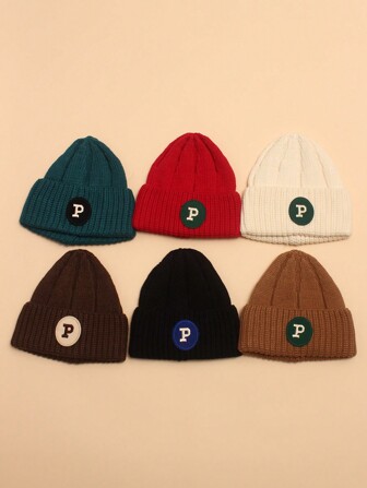 1pc Red Kids' Winter Beanie Hat With Personalized Letter P And Warm Knitted Material For Boys, Girls, Babies