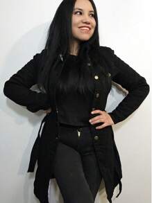 Fully Plush Trench Style Long Denim Jacket With Belt And Pockets - Black - View 1