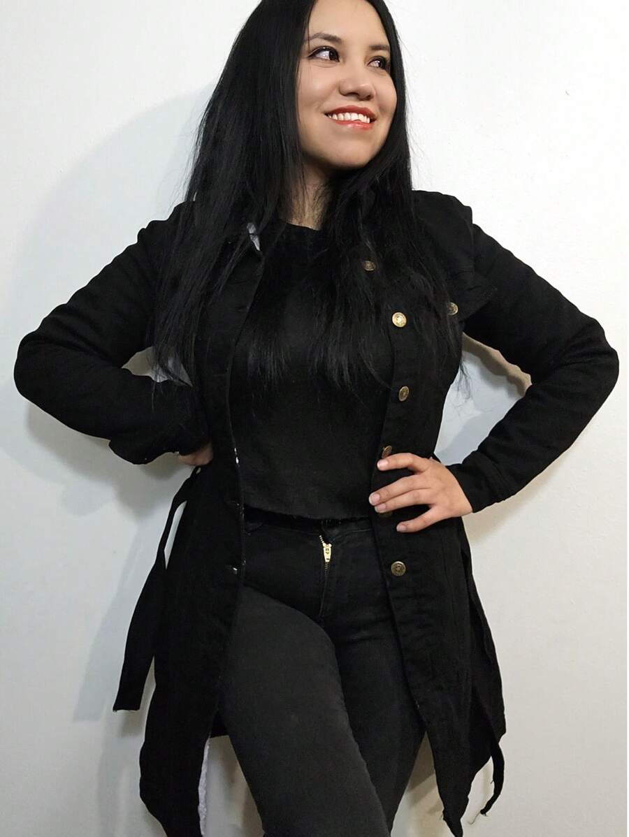 Fully Plush Trench Style Long Denim Jacket With Belt And Pockets - Black - View 1
