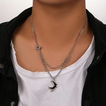 1pc Men's Stainless Steel Chain Necklace With Moon And Star Design - Silver - View 1