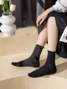 5 双女士纯黑白色长筒蕾丝透气网眼绒袜，甜美女孩学院风 JK 百搭中筒袜，秋季 - 黑色 - 查看 4