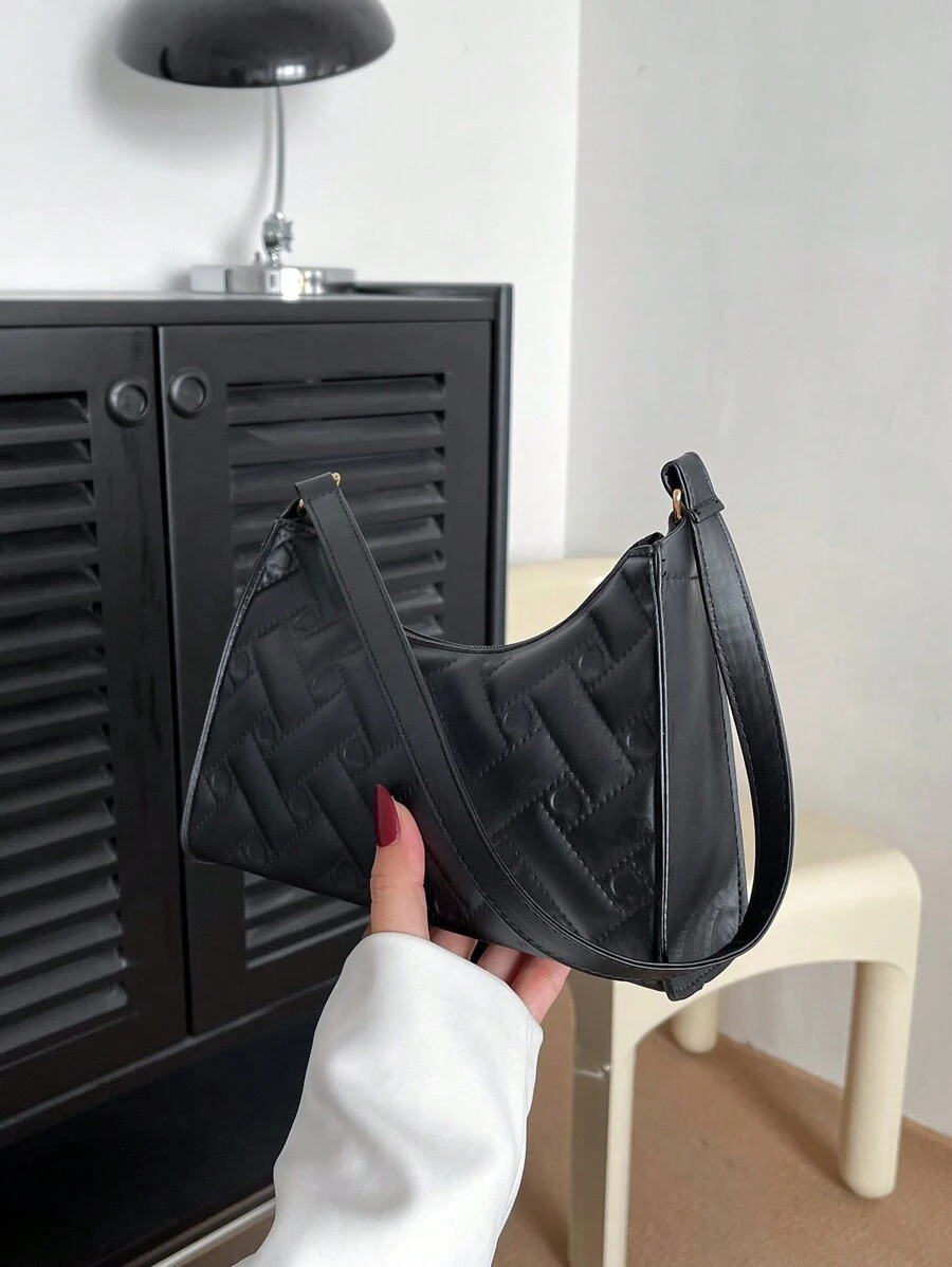 Solid Color Minimalist And Light Luxury Pressed Flower Shoulder Bag - Black - View 1