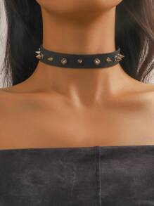 1pc Stylish European And American Punk Style Pu Leather Spiked Necklace Suitable For Men And Women To Wear At Vacation, Motorcycle Parties And Daily Life - Multicolor - View 1