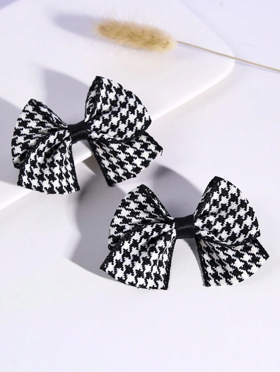 2pcs/Pack Girls Classic Black & White Houndstooth Bow Hair Clips - Multicolor - View 1
